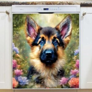 German Shepherd Puppy and Flowers Magnetic Dishwasher Door Cover