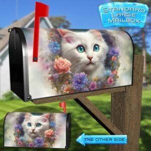 White Cat in the Flower Garden Rural Farm Mailbox Cover