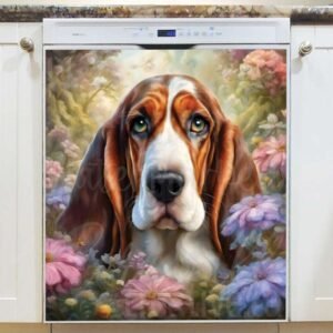 Cute Basset Hound in the Garden Magnetic Dishwasher Door Cover
