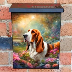 Cute Basset Hound and Flowers Colonial Mailbox Cover
