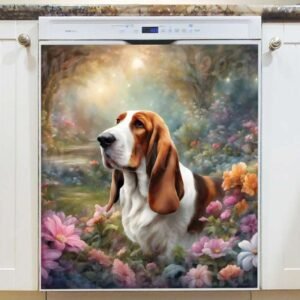 Cute Basset Hound and Flowers Magnetic Dishwasher Door Cover
