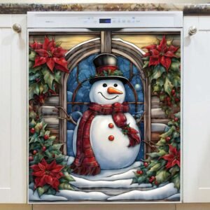 Stained Glass Christmas Snowman 2 Magnetic Dishwasher Door Cover