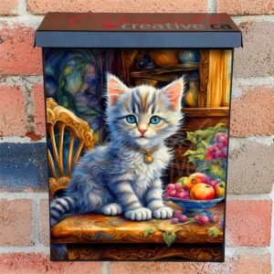 Cute Grey Cat on the Table Colonial Mailbox Cover