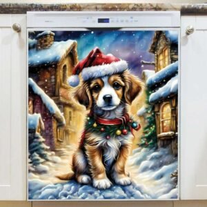 Puppy in Santa Hat Magnetic Dishwasher Door Cover