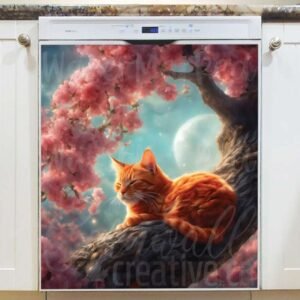 Red Springtime Cat on the Tree Magnetic Dishwasher Door Cover