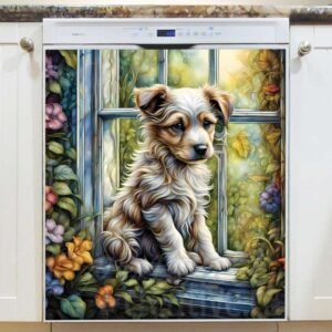 Farmhouse Puppy in the Window Magnetic Dishwasher Door Cover