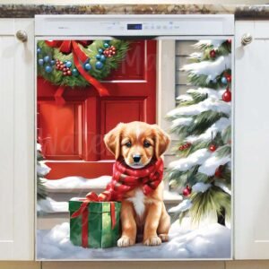 Christmas Puppy at the Door 2 Magnetic Dishwasher Door Cover