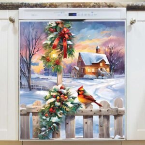 Little Christmas Bird on the Fence Magnetic Dishwasher Door Cover
