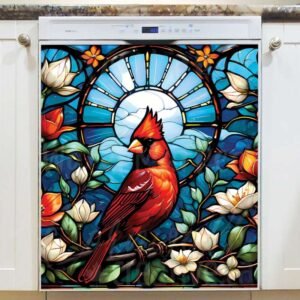 Stained Glass Cardinal and Flowers Magnetic Dishwasher Door Cover