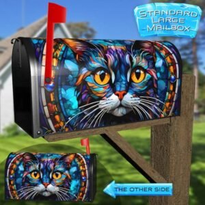 Stained Glass Cat Portrait Rural Farm Mailbox Cover