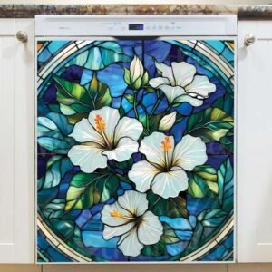 Stained Glass White Hibiscus Magnetic Dishwasher Door Cover