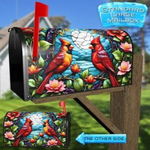 Stained Glass Cardinals and Flowers Rural Farm Mailbox Cover