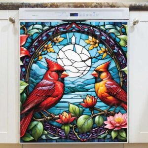 Stained Glass Cardinals and Flowers Magnetic Dishwasher Door Cover