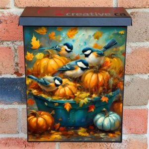 Chickadees in the Pumpkin Bucket Colonial Mailbox Cover