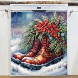 Santa's Boots with Poinsettias 2 Magnetic Dishwasher Door Cover