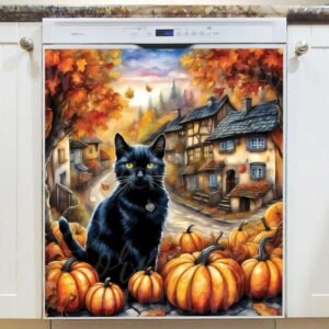 Autumn Village and a Black Cat Magnetic Dishwasher Door Cover