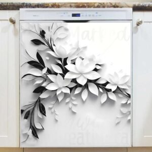 Black and White Leaves and Flowers Magnetic Dishwasher Door Cover