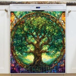 Stained Glass Green Tree Magnetic Dishwasher Door Cover