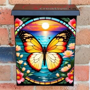 Stained Glass Summer Butterfly Colonial Mailbox Cover