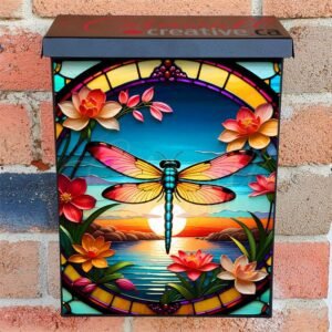 Stained Glass Sunset Dragonfly 2 Colonial Mailbox Cover