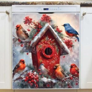Christmas Birdhouse and Birds Magnetic Dishwasher Door Cover