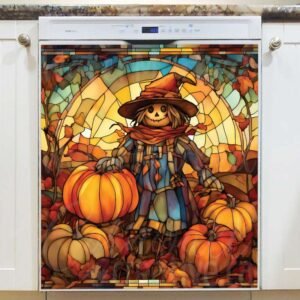 Stained Glass Scarecrow and Pumpkins Magnetic Dishwasher Door Cover