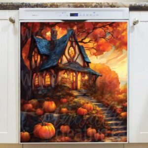 Stained Glass Cottage with Pumpkins 2 Magnetic Dishwasher Door Cover