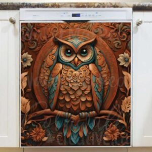 Tooled Leather Owl on a Branch Magnetic Dishwasher Door Cover