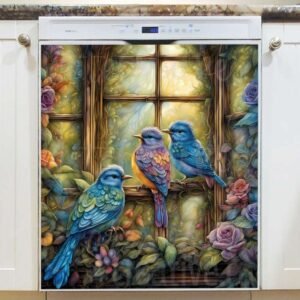 Cute Bluebirds in the Cottage Window Magnetic Dishwasher Door Cover