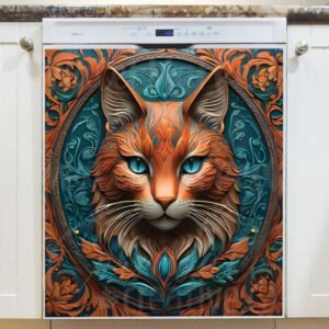 Stunning Tooled Leather Cat Magnetic Dishwasher Door Cover