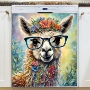 Cute Llama in Eyeglasses Magnetic Dishwasher Door Cover