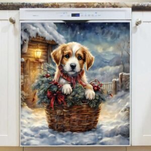 Christmas Puppy in a Basket Magnetic Dishwasher Door Cover