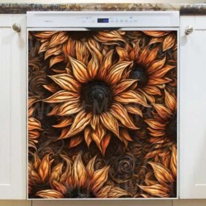 Tooled Leather Sunflowers Magnetic Dishwasher Door Cover