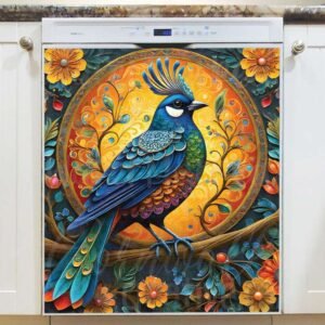 Pretty Blue Folk Bird Magnetic Dishwasher Door Cover
