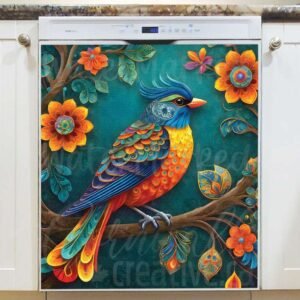 Folk Bird on a Blooming Tree Magnetic Dishwasher Door Cover