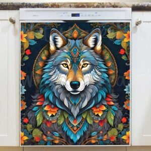 Colorful Folk Flowers and a Wolf Magnetic Dishwasher Door Cover