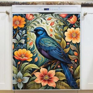 Beautiful Blue Folklore Bird Magnetic Dishwasher Door Cover