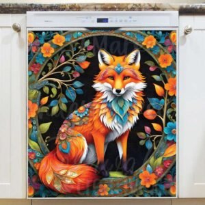 Colorful Folk Flowers and a Fox Magnetic Dishwasher Door Cover