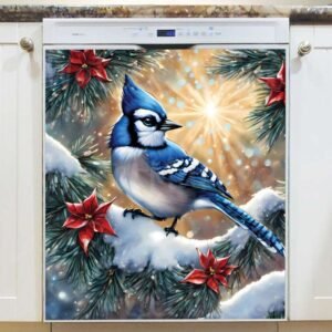 Blue Jay on a Snowy Pine Tree Magnetic Dishwasher Door Cover