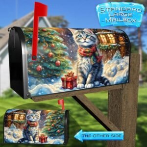 Kitten front of a Christmas Cottage Rural Farm Mailbox Cover