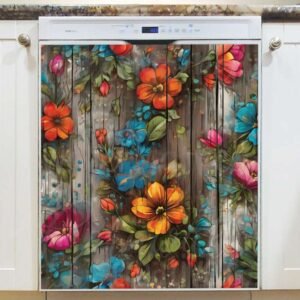 Rustic Painted Flowers on Wood Magnetic Dishwasher Door Cover