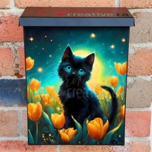 Black Cat in the Tulip Garden Colonial Mailbox Cover