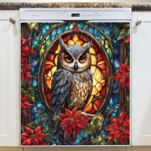 Stained Glass Christmas Owl Magnetic Dishwasher Door Cover