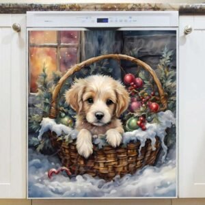 Puppy in the Christmas Basket Magnetic Dishwasher Door Cover