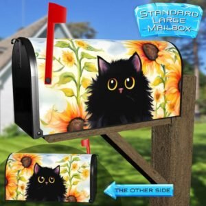 Black Cat in the Sunflower Garden Rural Farm Mailbox Cover