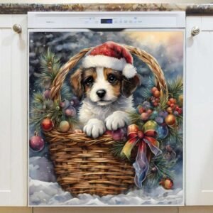 Little Christmas Dog in the Basket Magnetic Dishwasher Door Cover