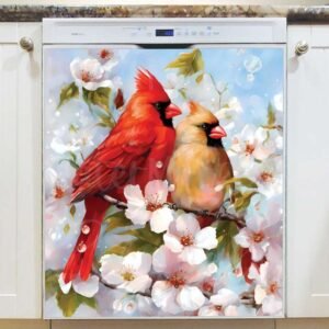 Cardinal Couple on a Blooming Cherry Tree Magnetic Dishwasher Door Cover