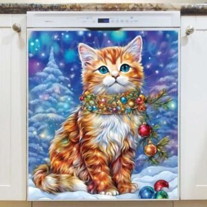 Pretty Christmas Kitten in the Snow Magnetic Dishwasher Door Cover