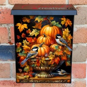 Pumpkin Chickadees in a Flower Pot Colonial Mailbox Cover