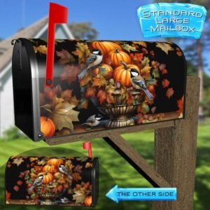 Pumpkin Chickadees in a Flower Pot Rural Farm Mailbox Cover